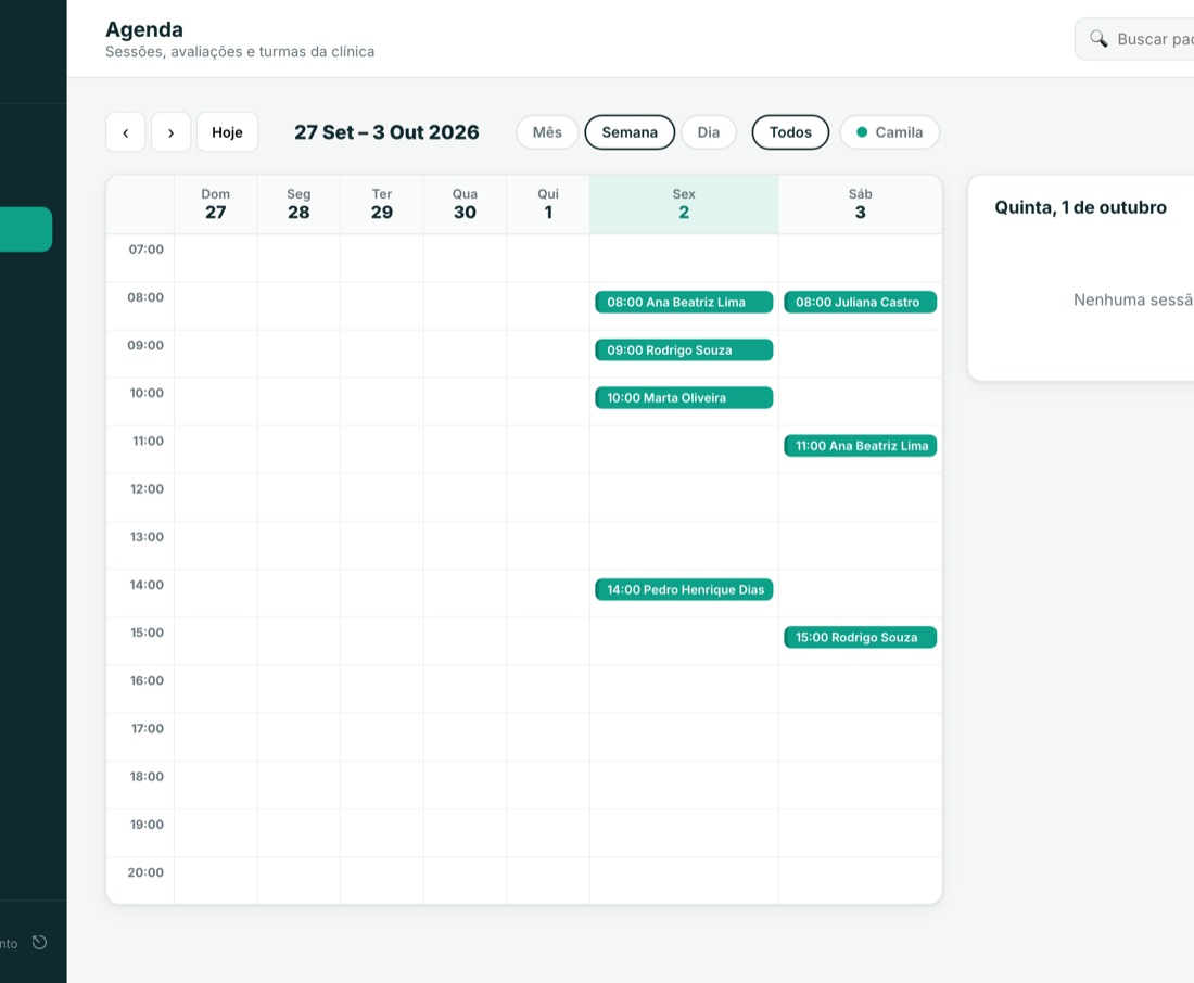 Agenda semanal no painel do PerFisio, com as sessões marcadas em cada horário
