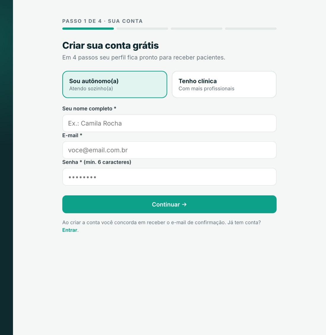 Primeiro passo do cadastro no PerFisio: escolher entre autônomo e clínica, nome, e-mail e senha