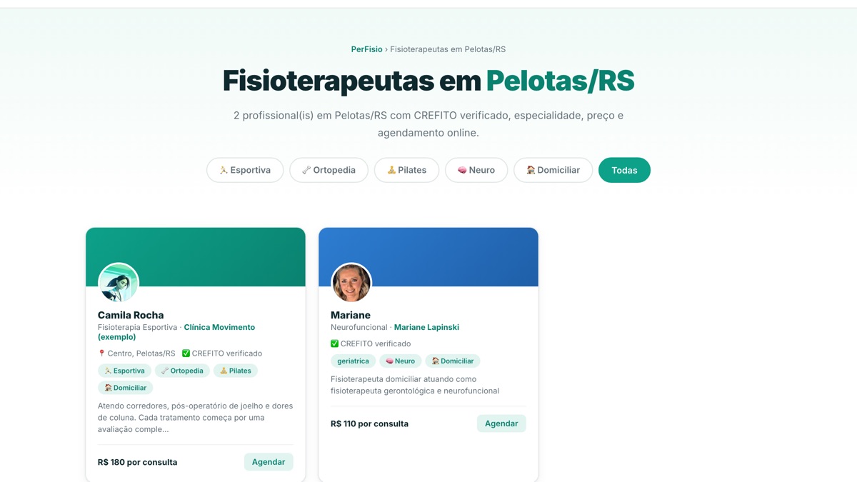 Listagem de fisioterapeutas de uma cidade no PerFisio