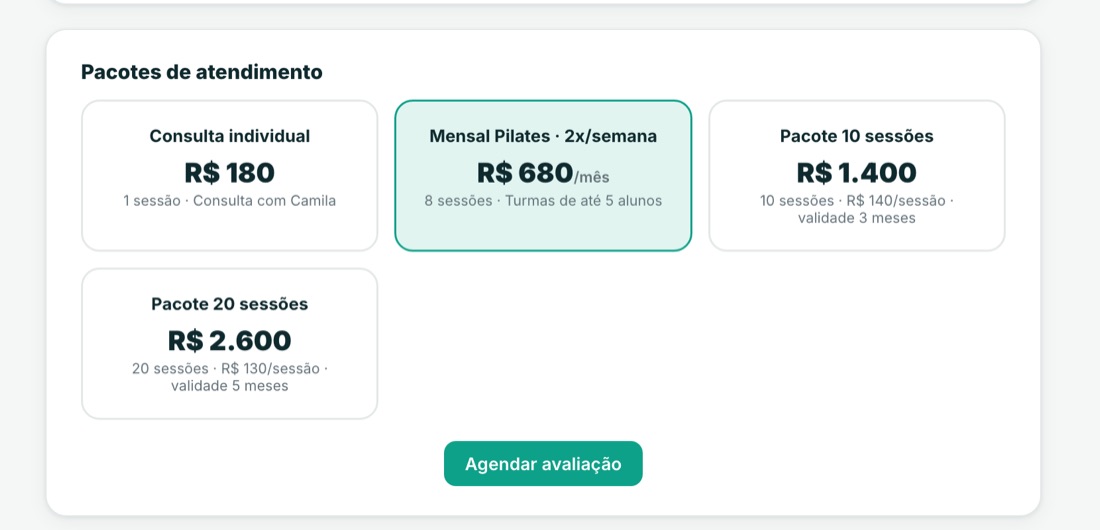 Pacotes de atendimento com valores: consulta individual, mensal de pilates, pacote de 10 e de 20 sessões