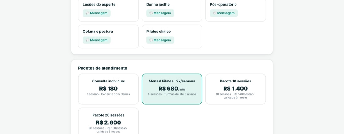 Topo da página de uma fisioterapeuta: foto, nome, selo de CREFITO, atendimento domiciliar, preço da consulta e botões de WhatsApp e agendamento